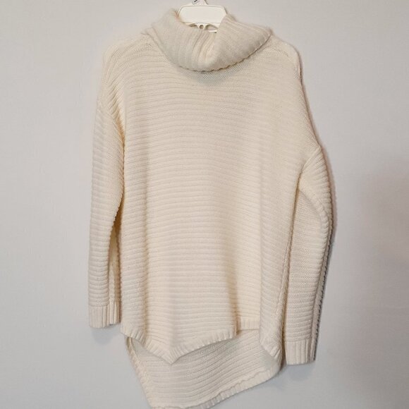Verve Ami Sweaters - Women's "Verve Ami" Ivory Cowl Neck High-Low Cable Knit Sweater; Size L